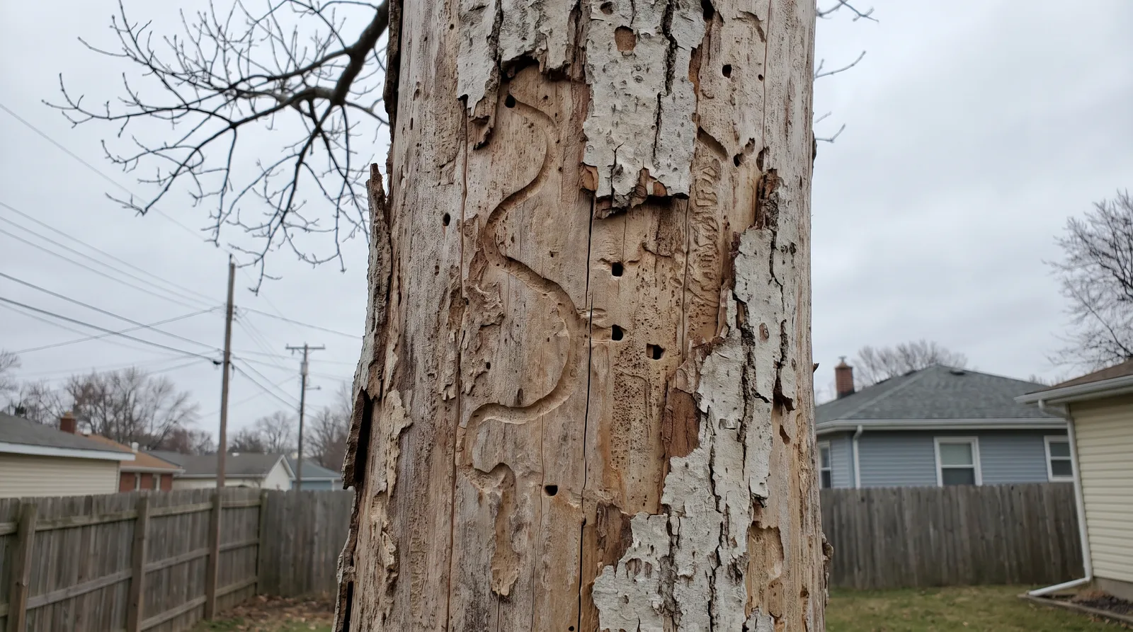 Trunk of an ash tree killed by emerald ash borer: woodpecker-stripped bark, S-shaped galleries and D-shaped exit holes
