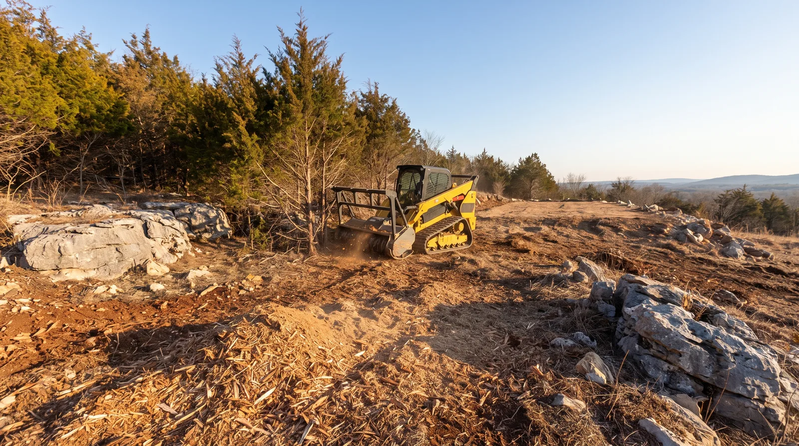 Forestry mulcher clearing an eastern red cedar thicket on a limestone-outcrop lot in Rutherford County