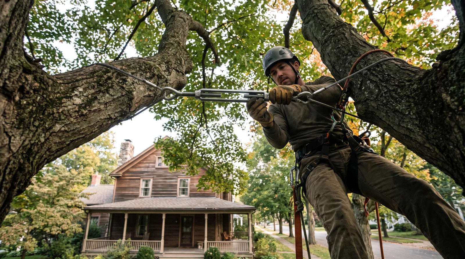Arborist installing a support cable between two leaders of an old sugar maple beside a historic porch-front home