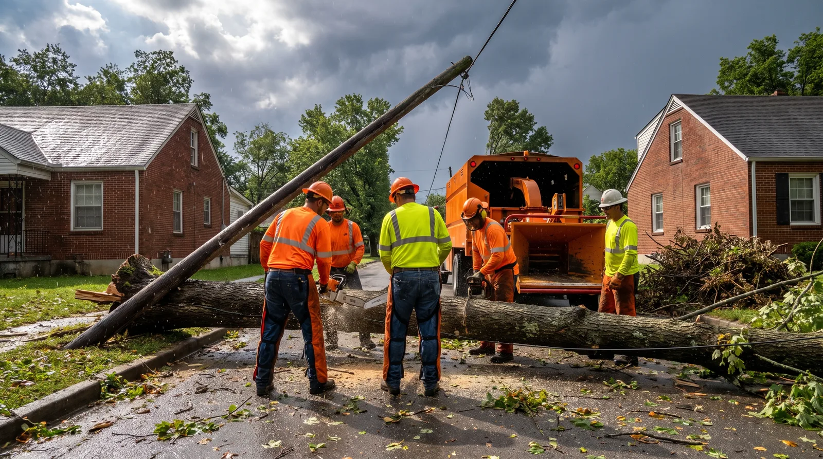 Crew cutting up a fallen sugar maple across a residential street and a power line after a severe thunderstorm