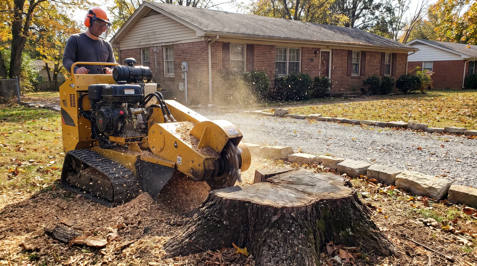 Tracked stump grinder chewing down a wide oak stump in a Murfreesboro front yard
