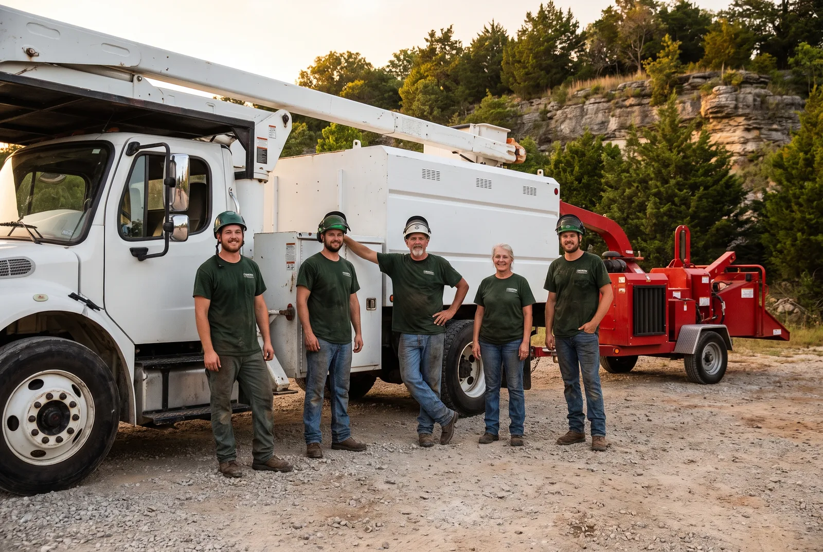 The Murfreesboro Tree Co. crew in front of their bucket truck and chipper on a cedar-lined gravel lot